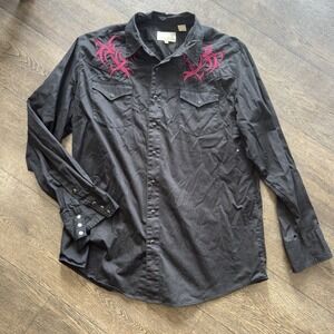 Roper Pearl Snap Button Up 2XL Shirt ‎ Embroidered Black Red Tribal Rockabilly